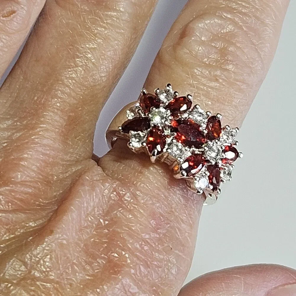 Sterling Silver Orange & Clear Rhinestone Flower Ring Sz 7.5